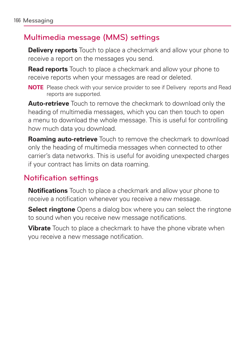 Multimedia message (mms) settings, Notification settings | LG AS740 User Manual | Page 167 / 308