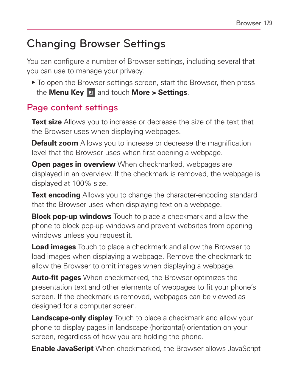 Changing browser settings, Page content settings | LG AS740 User Manual | Page 180 / 308