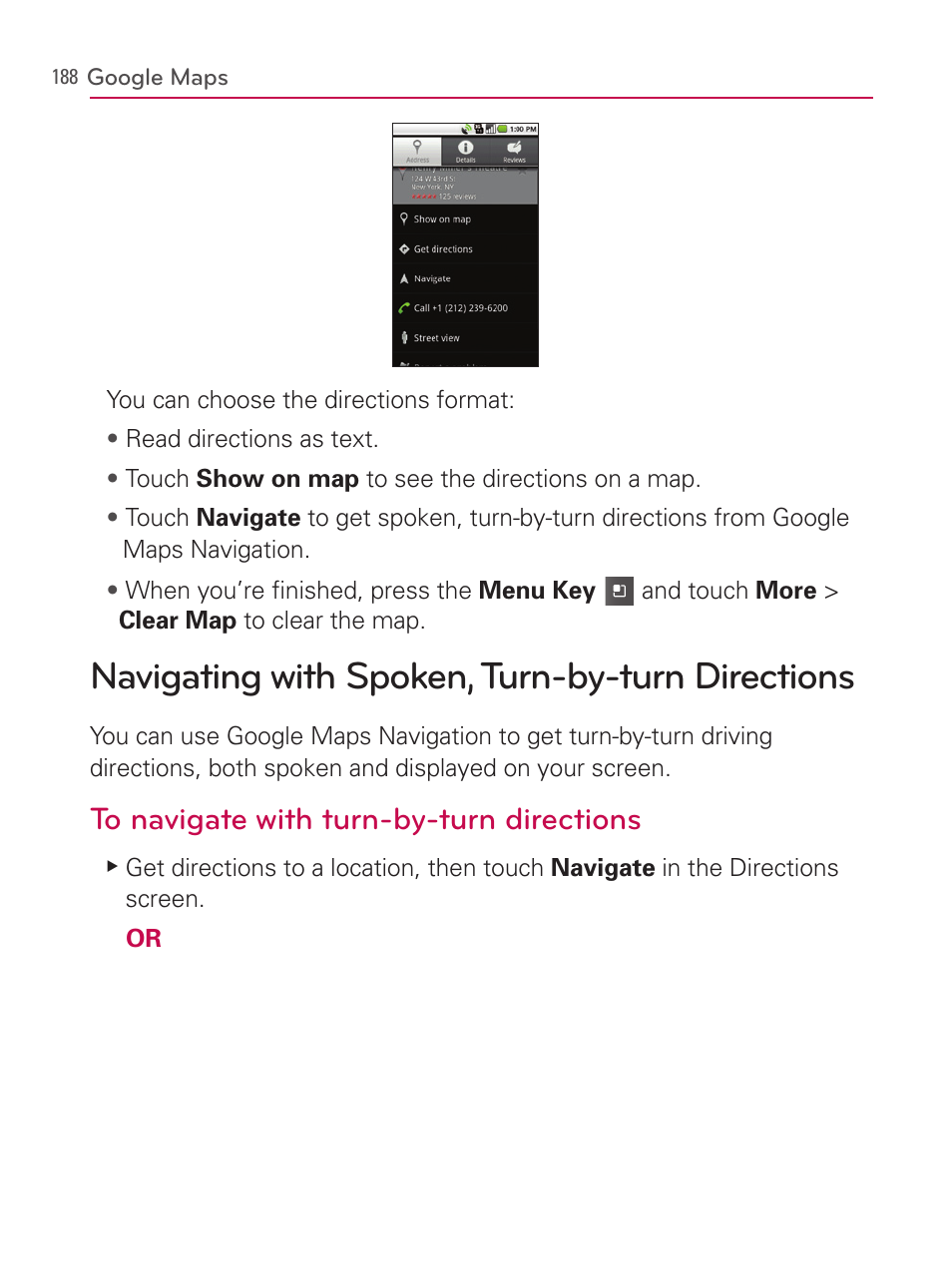Navigating with spoken, turn-by-turn directions | LG AS740 User Manual | Page 189 / 308