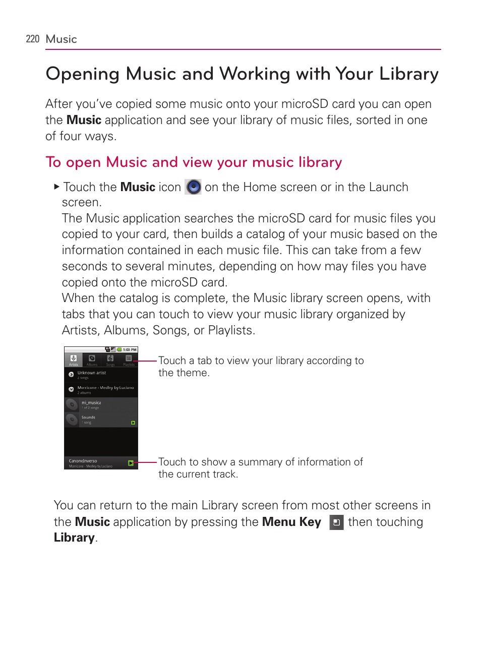 Opening music and working with your library | LG AS740 User Manual | Page 221 / 308
