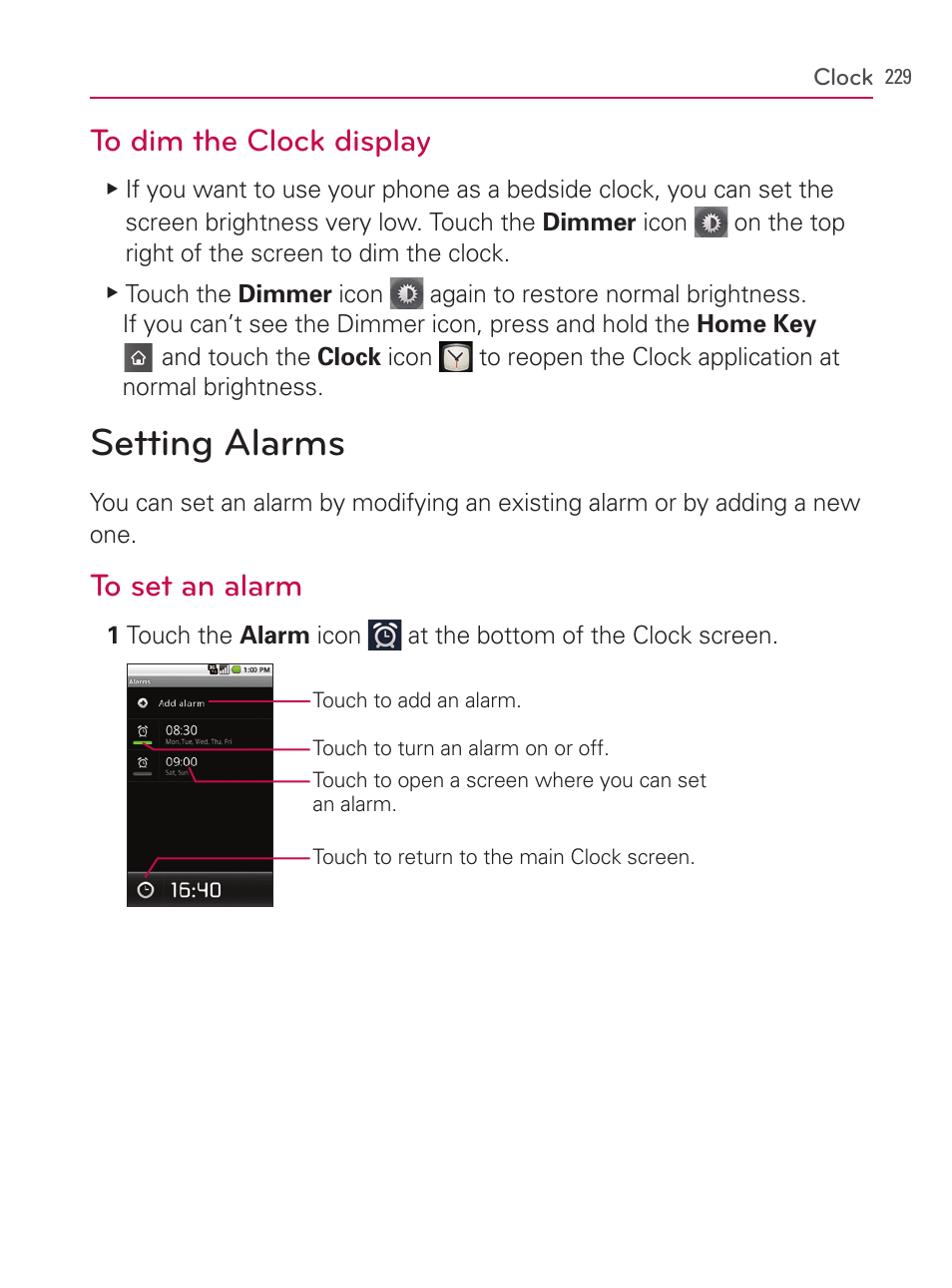 Setting alarms | LG AS740 User Manual | Page 230 / 308