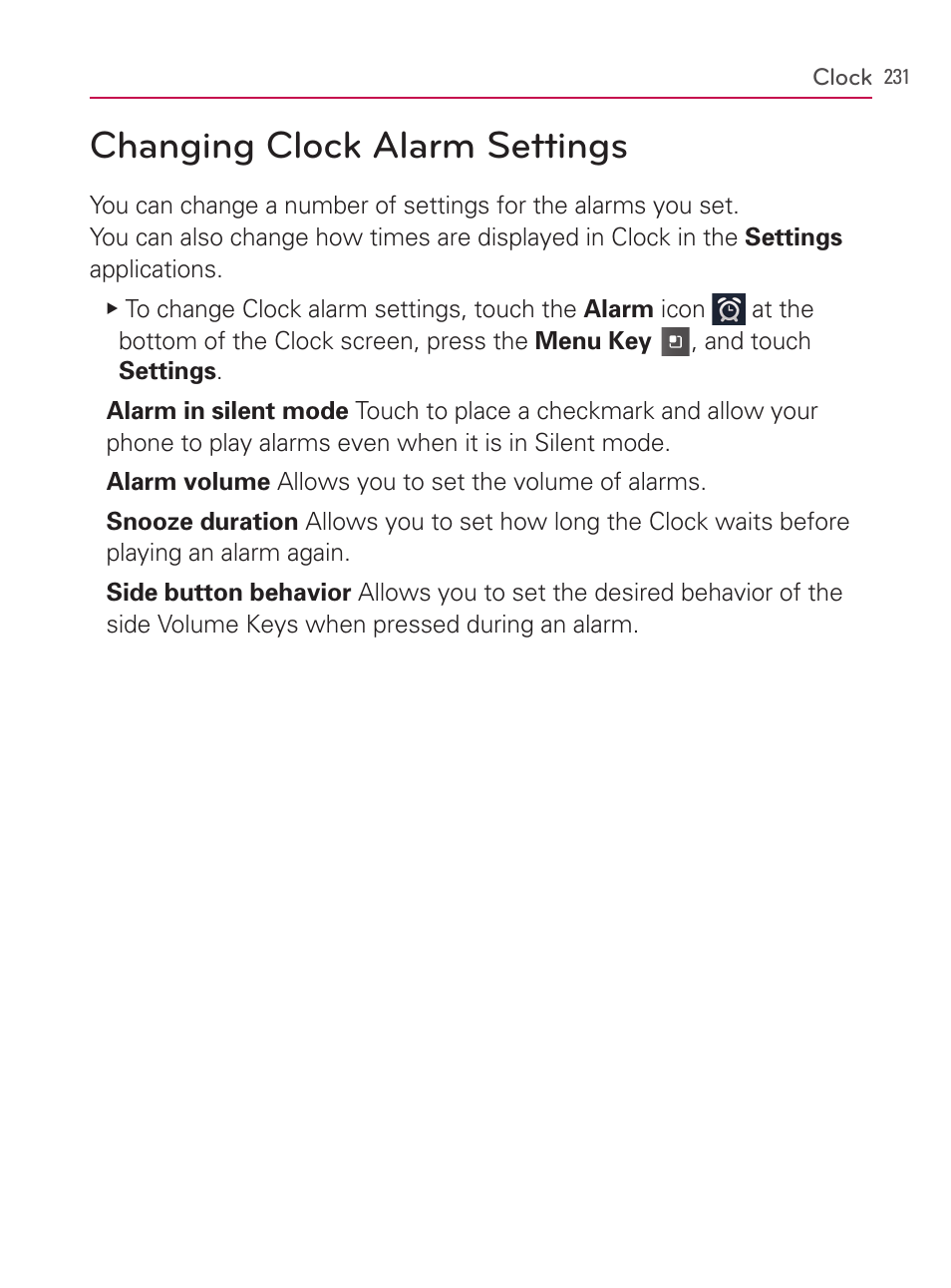 Changing clock alarm settings | LG AS740 User Manual | Page 232 / 308