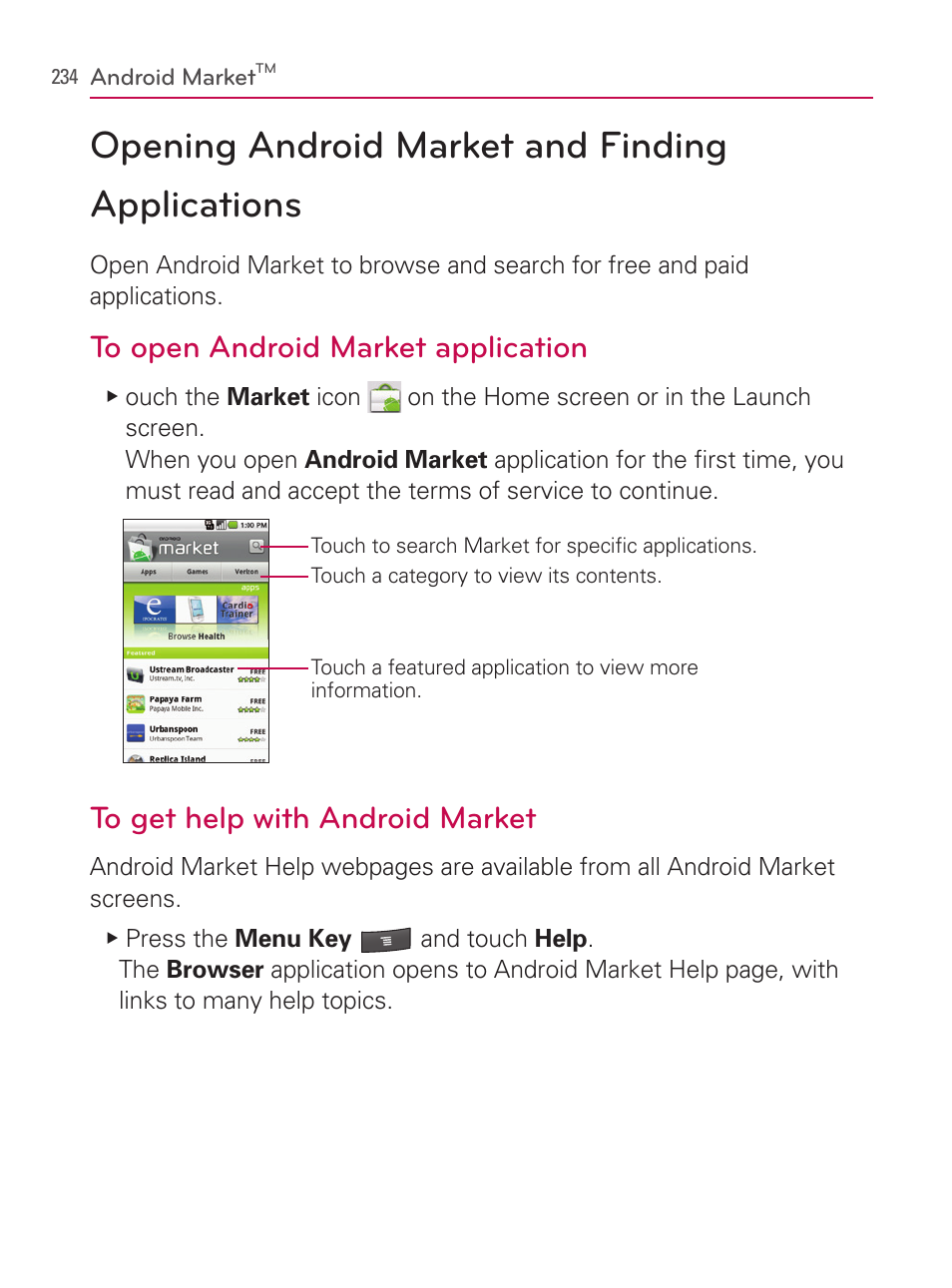 Android market, Opening android market and findingapplications, Opening android market and finding applications | LG AS740 User Manual | Page 235 / 308