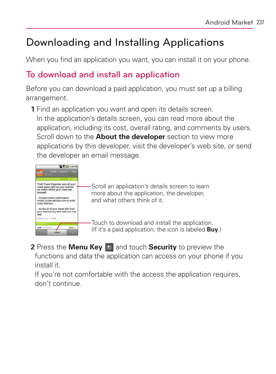 Downloading and installing applications | LG AS740 User Manual | Page 238 / 308