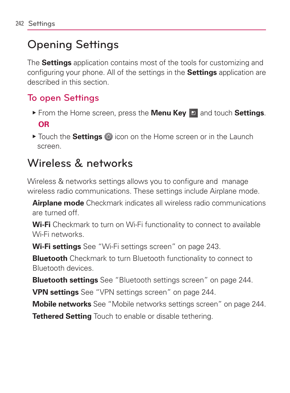 Settings, Opening settings, Wireless & networks | Opening settings wireless & networks | LG AS740 User Manual | Page 243 / 308