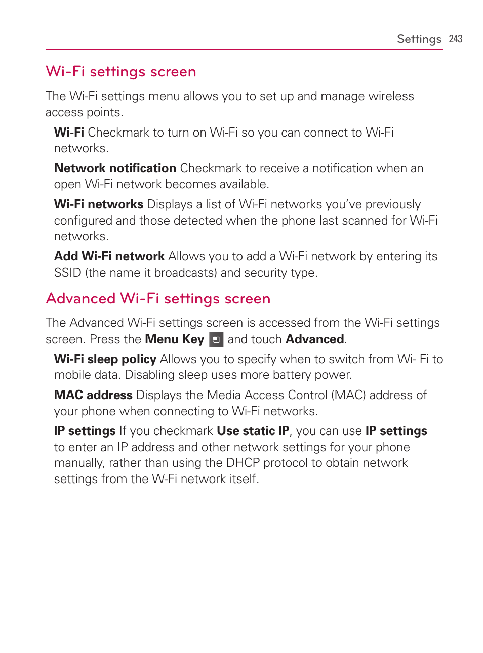 Wi-fi settings screen, Advanced wi-fi settings screen | LG AS740 User Manual | Page 244 / 308