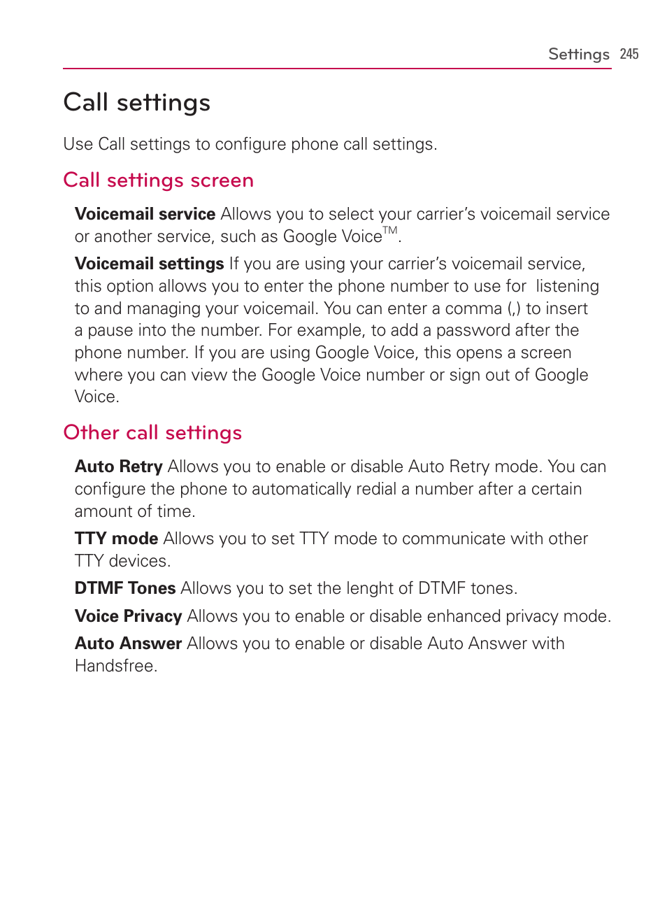 Call settings, Call settings screen, Other call settings | LG AS740 User Manual | Page 246 / 308