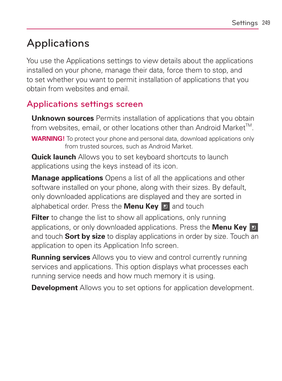 Applications, Applications settings screen | LG AS740 User Manual | Page 250 / 308