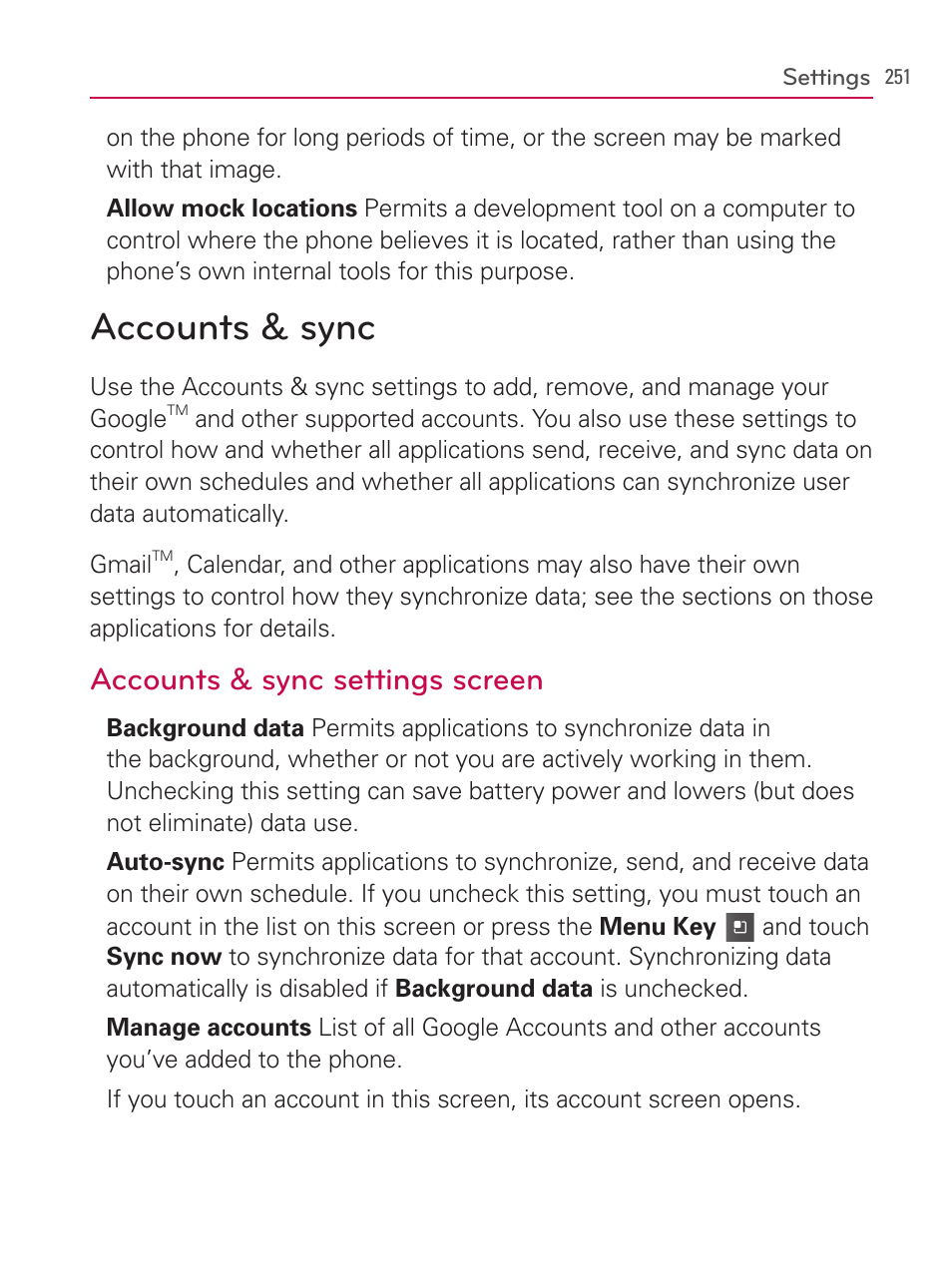 Accounts & sync, Accounts & sync settings screen | LG AS740 User Manual | Page 252 / 308
