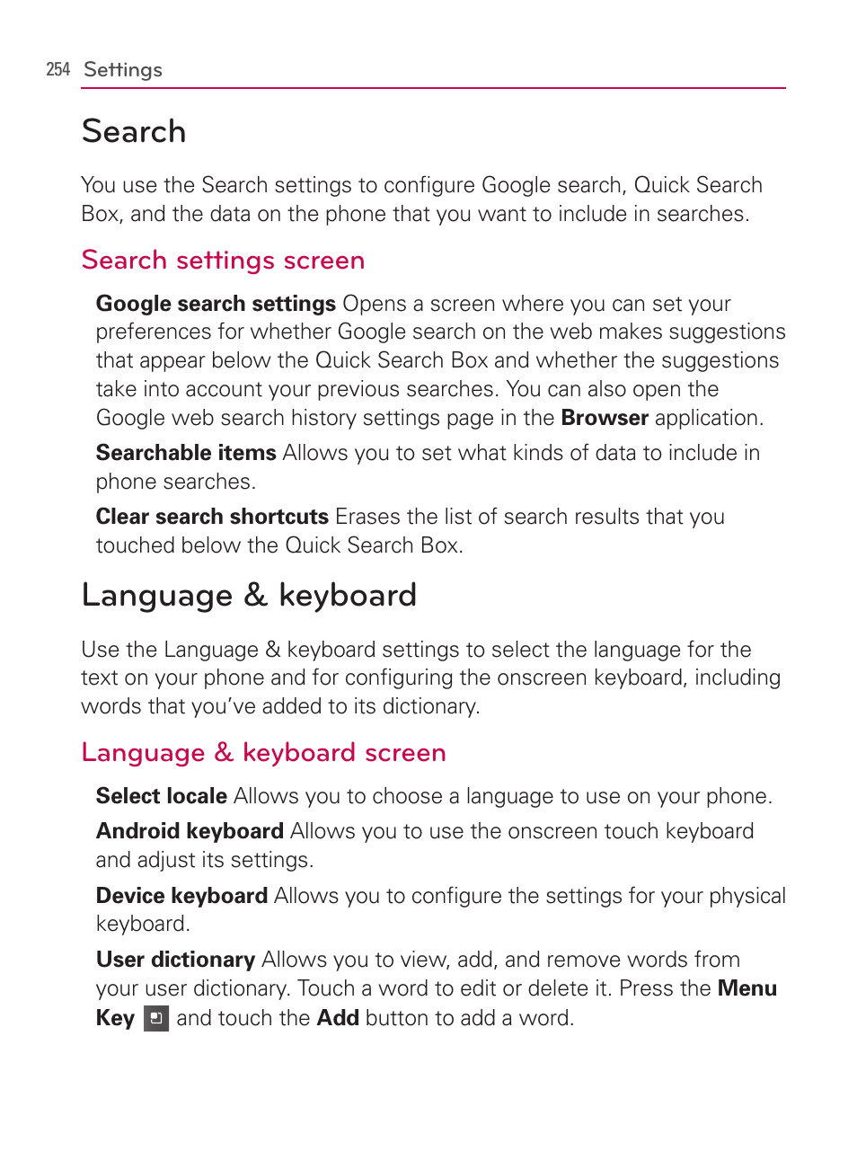 Search, Language & keyboard, Search language & keyboard | LG AS740 User Manual | Page 255 / 308