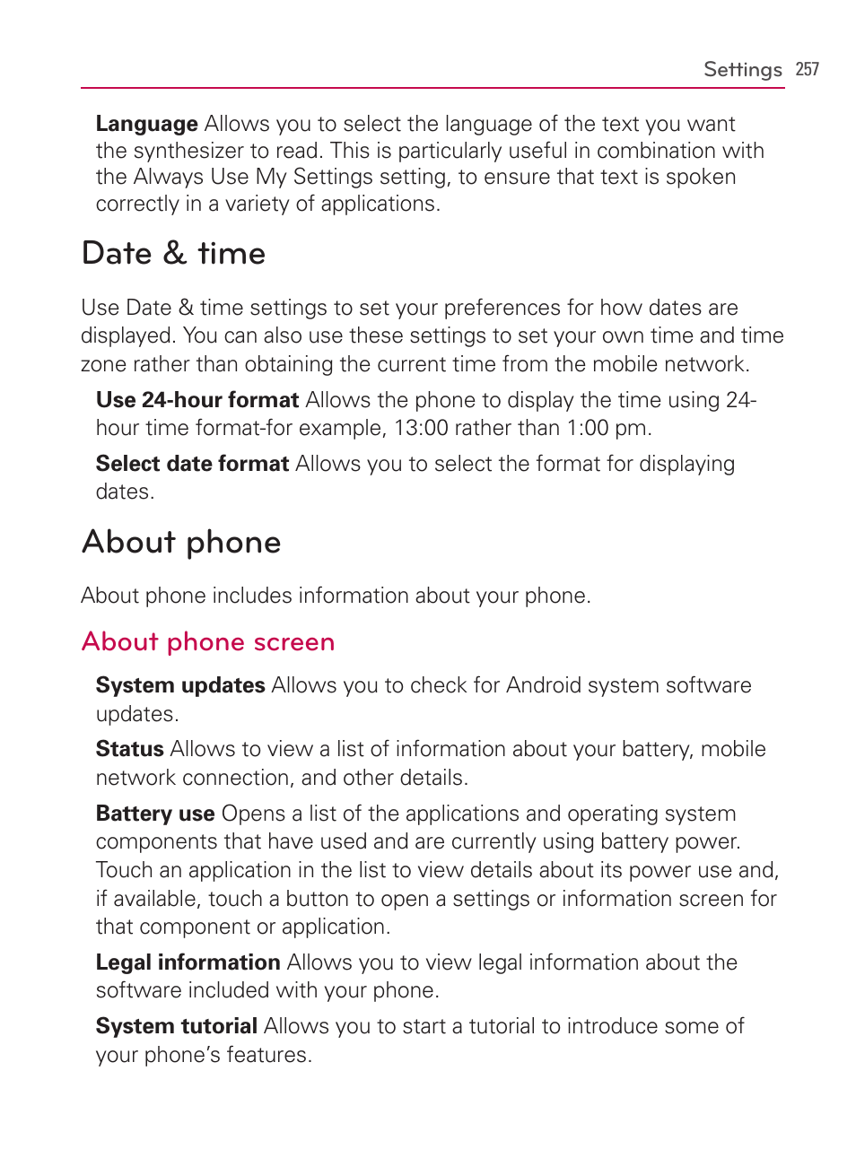 Date & time, About phone, Date & time about phone | About phone screen | LG AS740 User Manual | Page 258 / 308