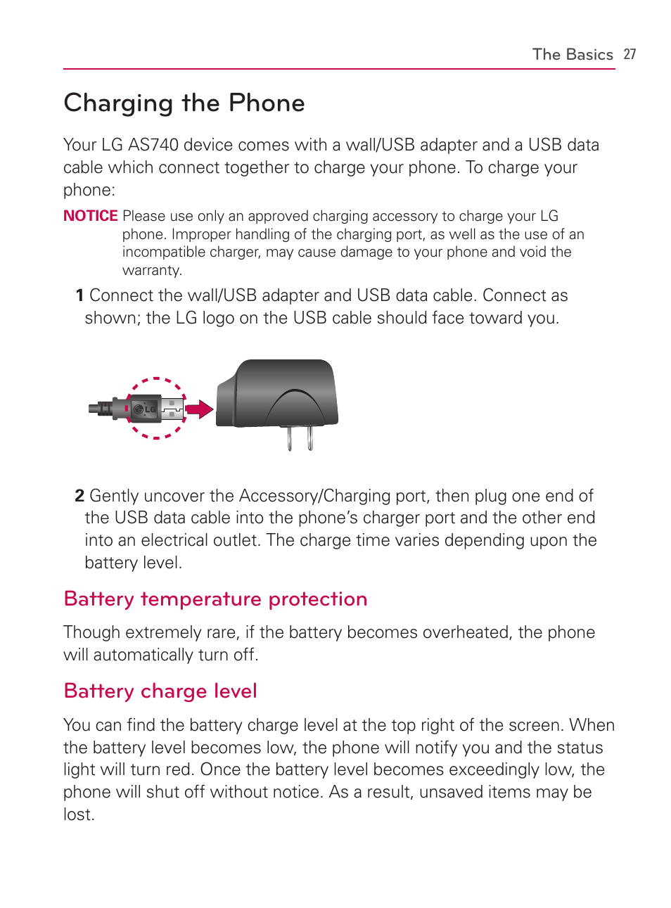 Charging the phone, Battery temperature protection, Battery charge level | LG AS740 User Manual | Page 28 / 308