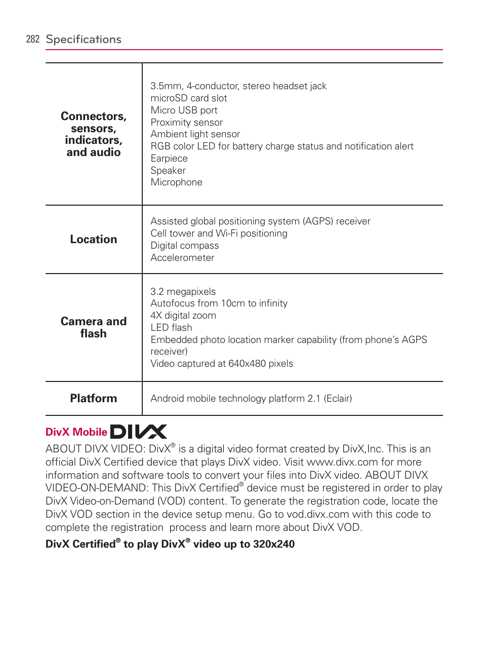 Specifications | LG AS740 User Manual | Page 283 / 308
