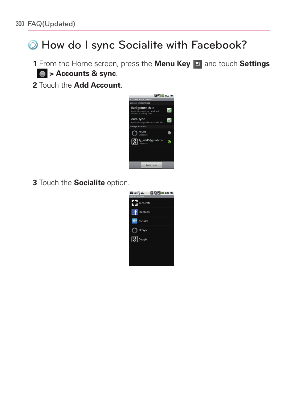 How do i sync socialite with facebook | LG AS740 User Manual | Page 301 / 308
