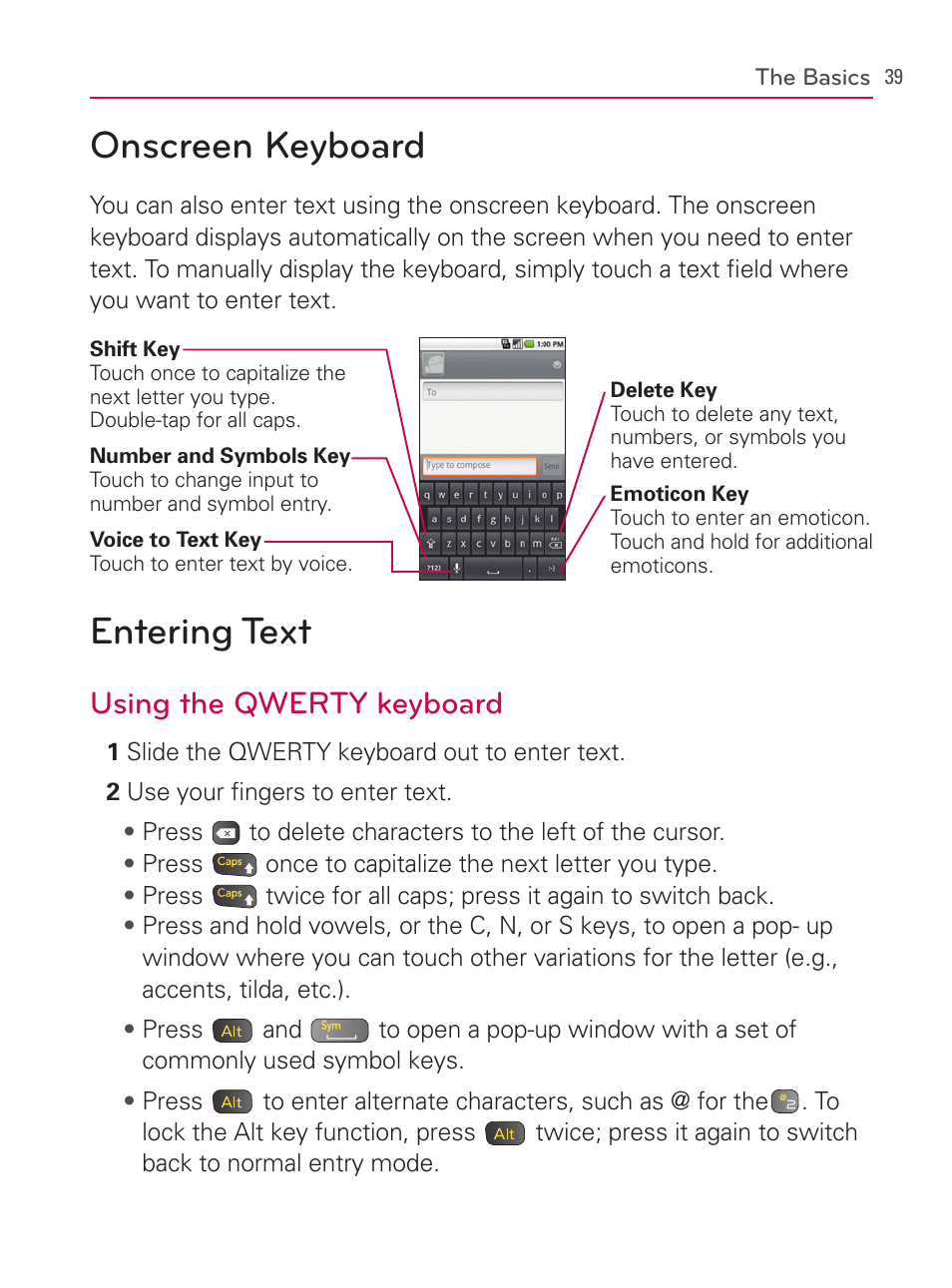 Onscreen keyboard, Entering text, Onscreen keyboard entering text | Using the qwerty keyboard | LG AS740 User Manual | Page 40 / 308