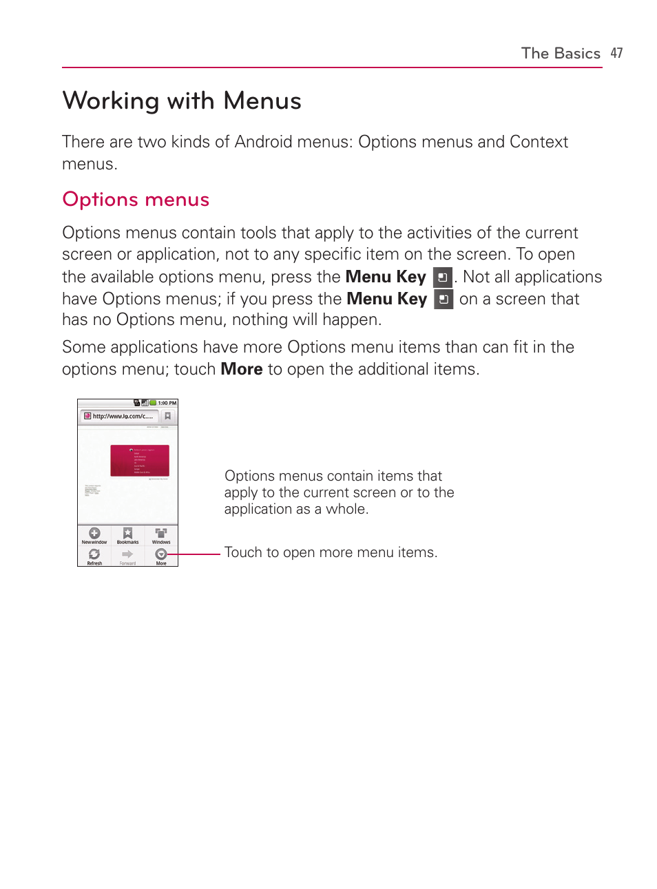 Working with menus, Options menus | LG AS740 User Manual | Page 48 / 308