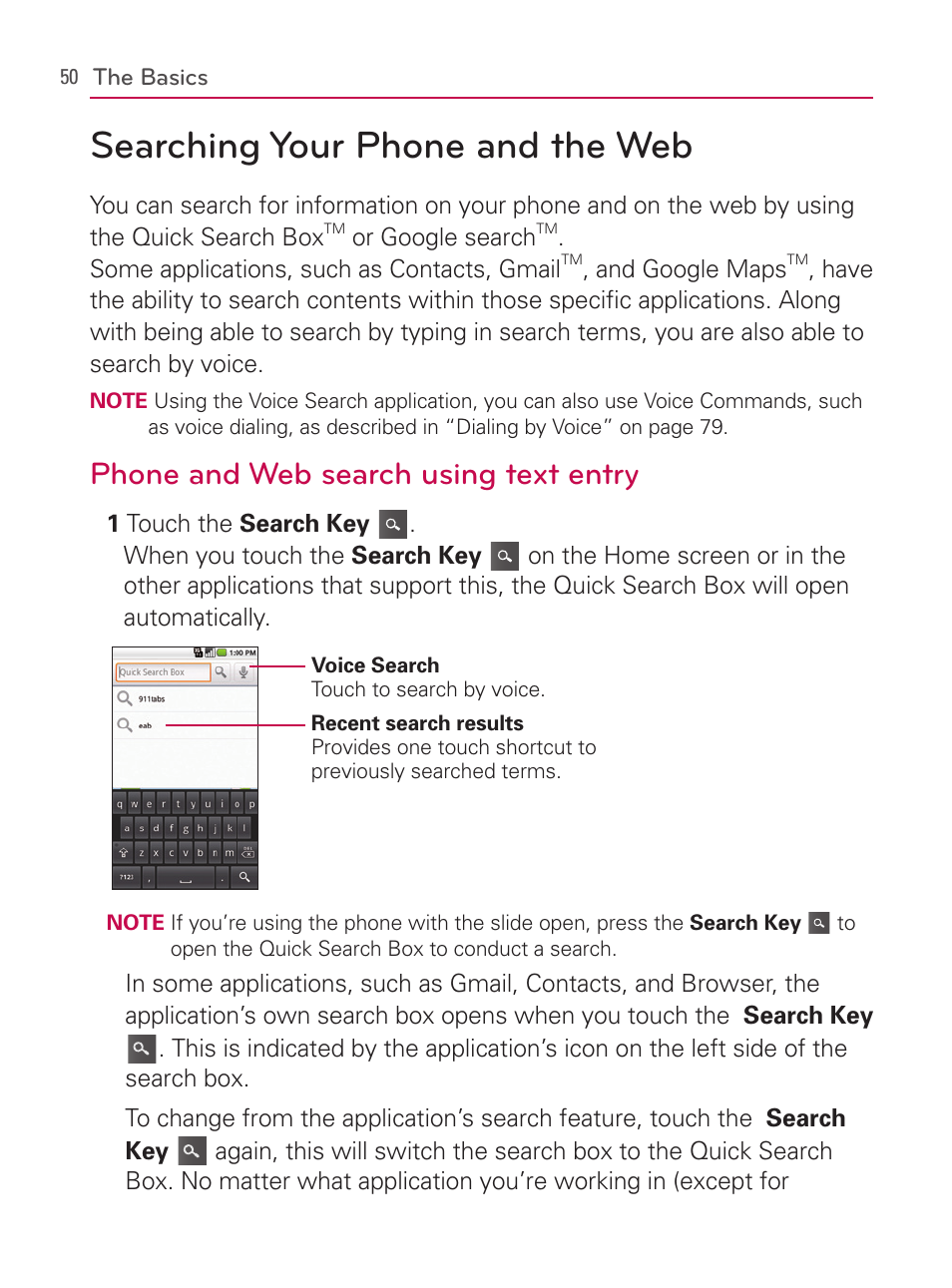 Searching your phone and the web, Phone and web search using text entry | LG AS740 User Manual | Page 51 / 308