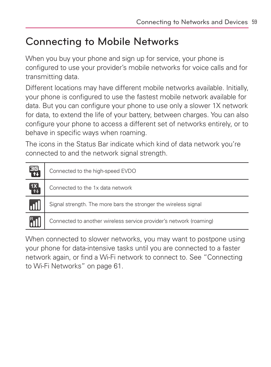 Connecting to networks and devices, Connecting to mobile networks | LG AS740 User Manual | Page 60 / 308