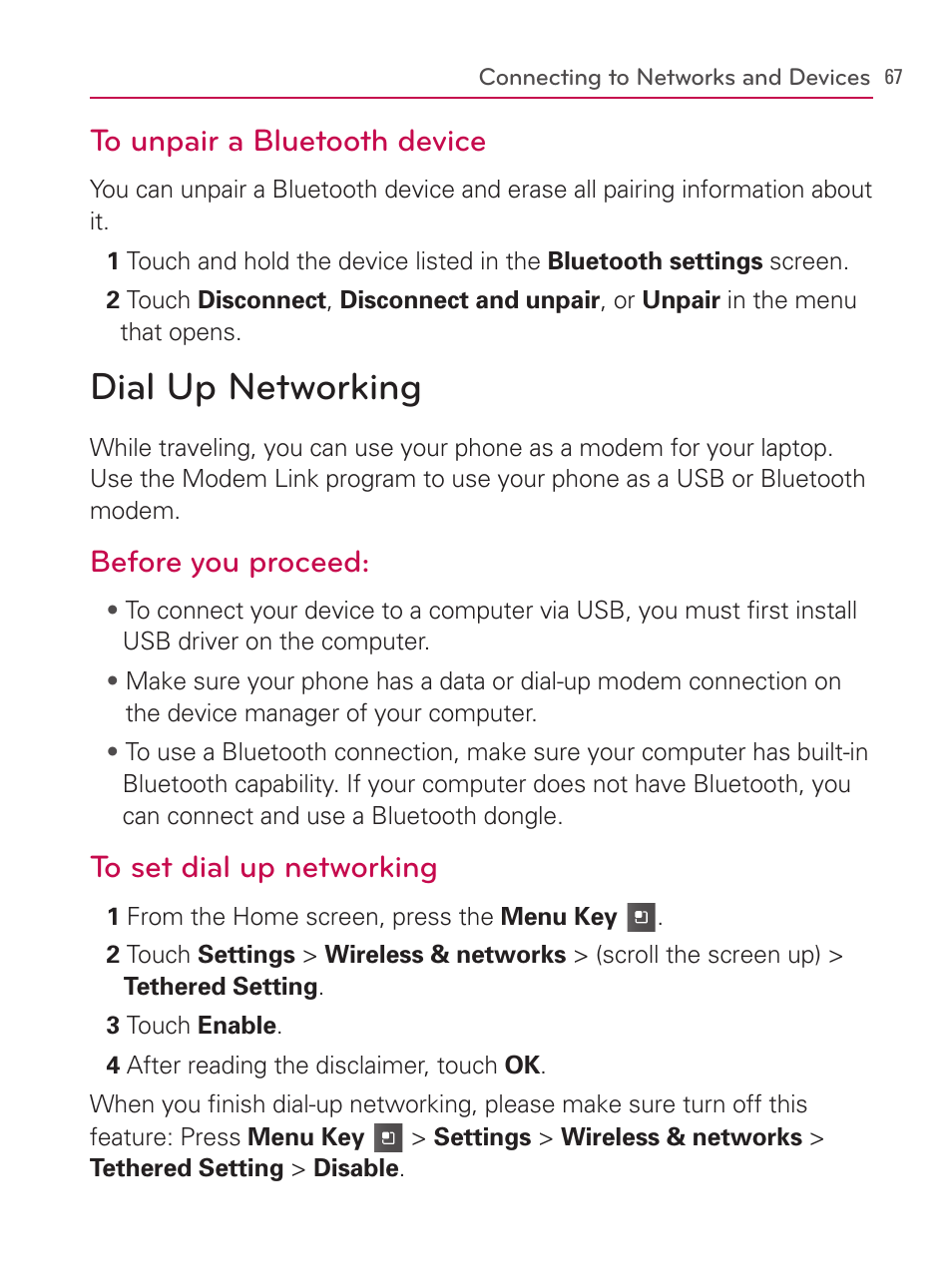 Dial up networking, Before you proceed | LG AS740 User Manual | Page 68 / 308