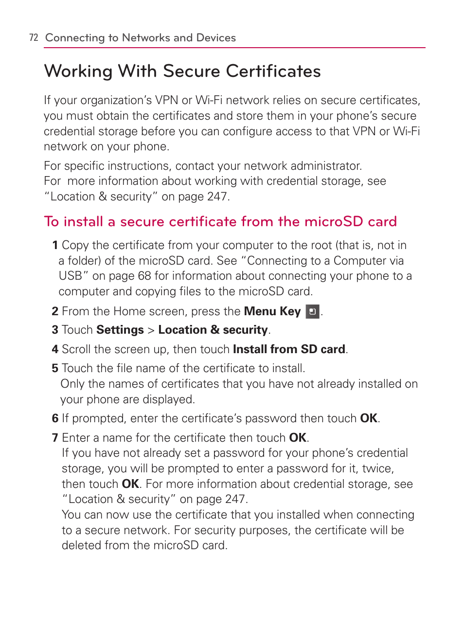 Working with secure certificates | LG AS740 User Manual | Page 73 / 308