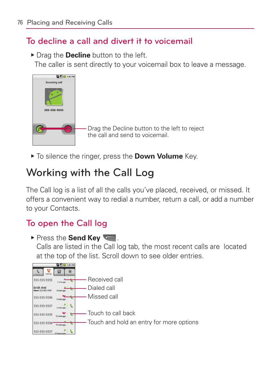 Working with the call log | LG AS740 User Manual | Page 77 / 308