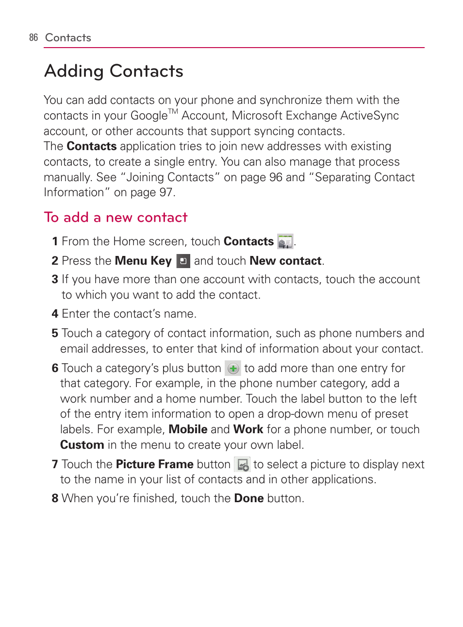 Adding contacts | LG AS740 User Manual | Page 87 / 308
