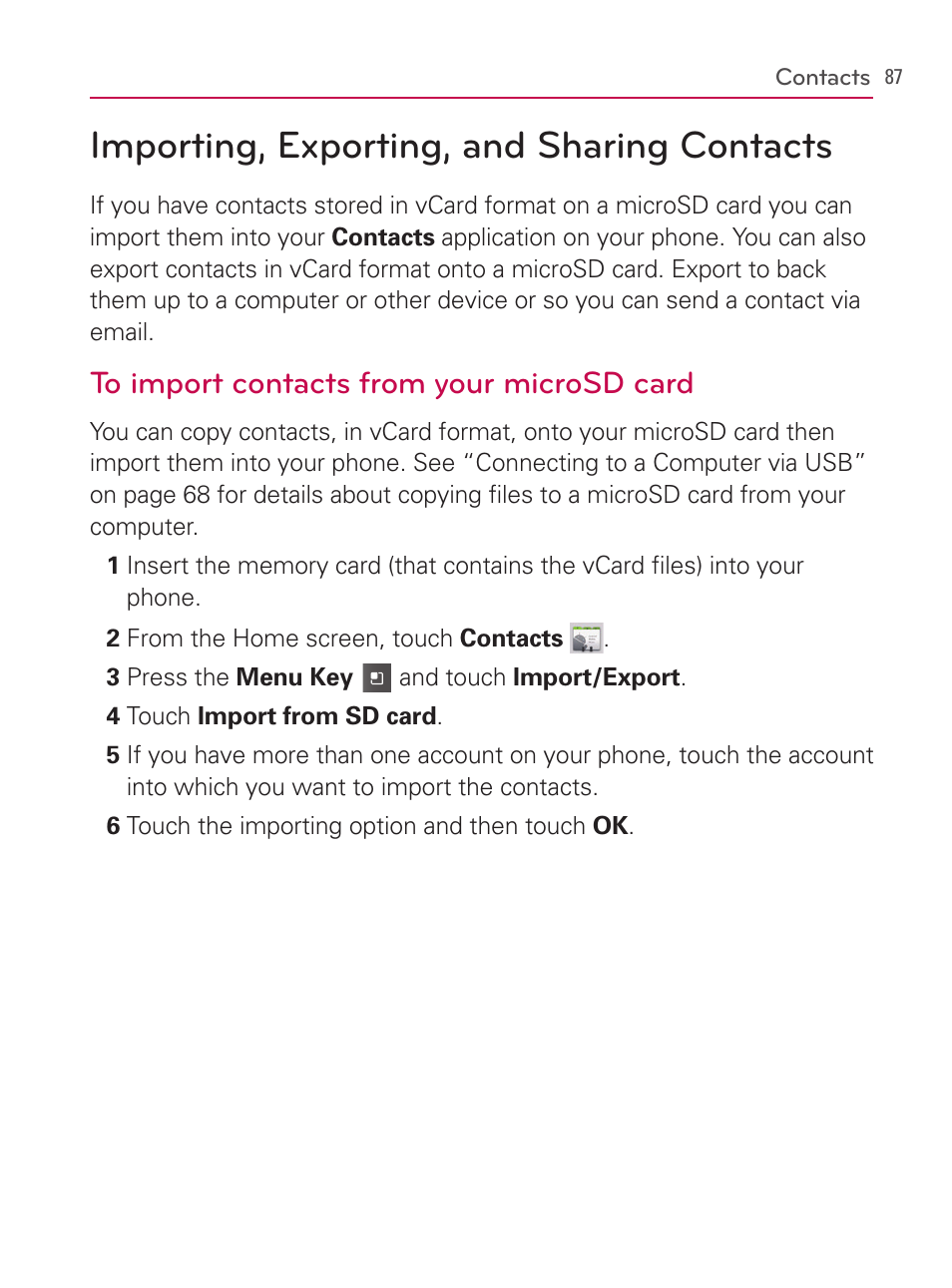 Importing, exporting, and sharing contacts | LG AS740 User Manual | Page 88 / 308