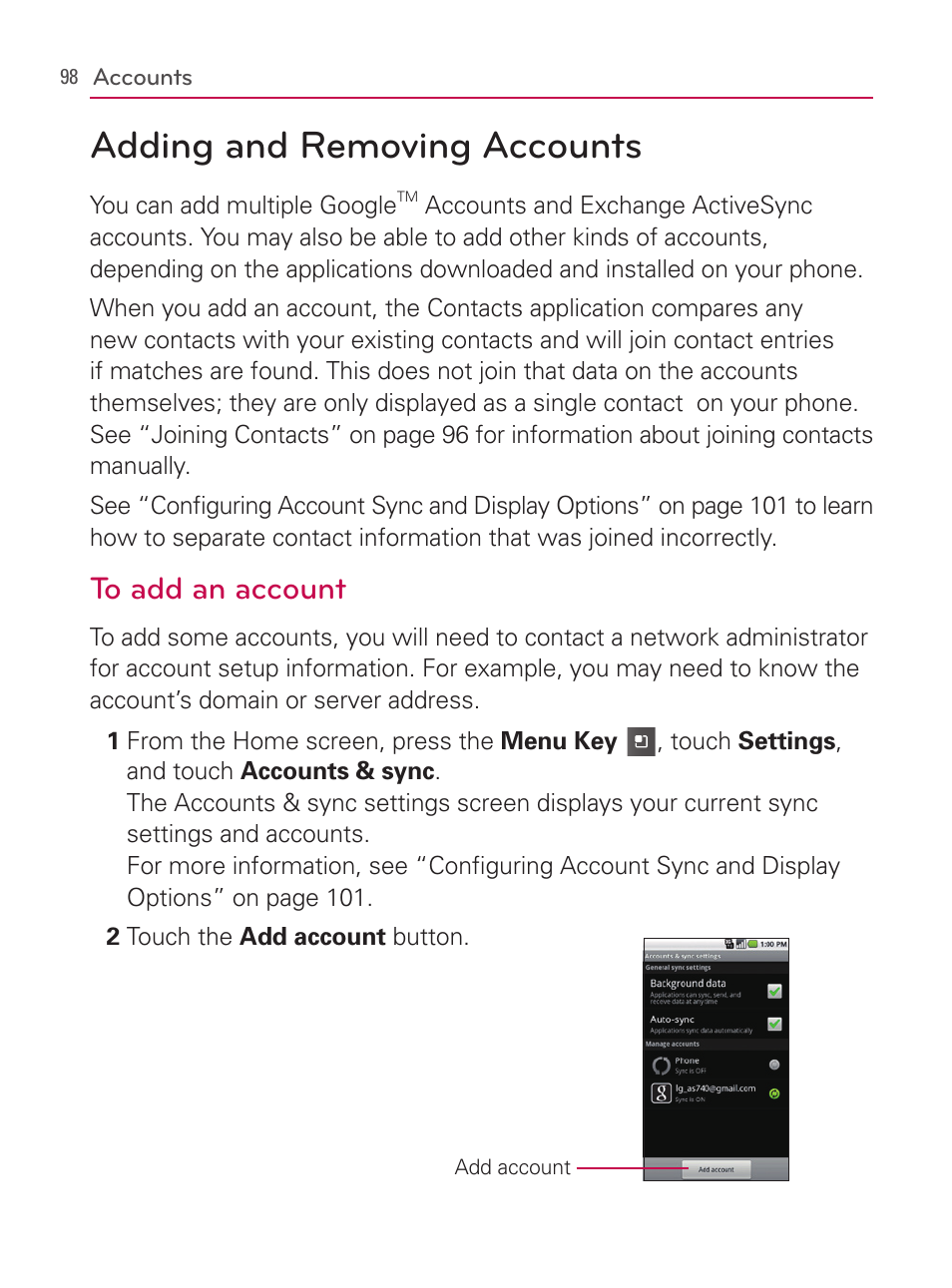 Accounts, Adding and removing accounts | LG AS740 User Manual | Page 99 / 308