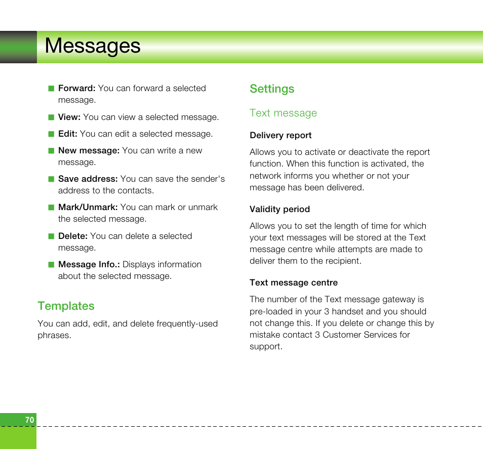 Messages, Templates, Settings | LG U8360 User Manual | Page 72 / 140