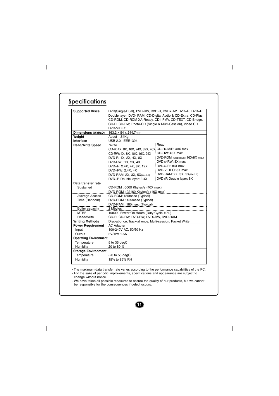 Specifications | LG GSA-5120D User Manual | Page 14 / 15