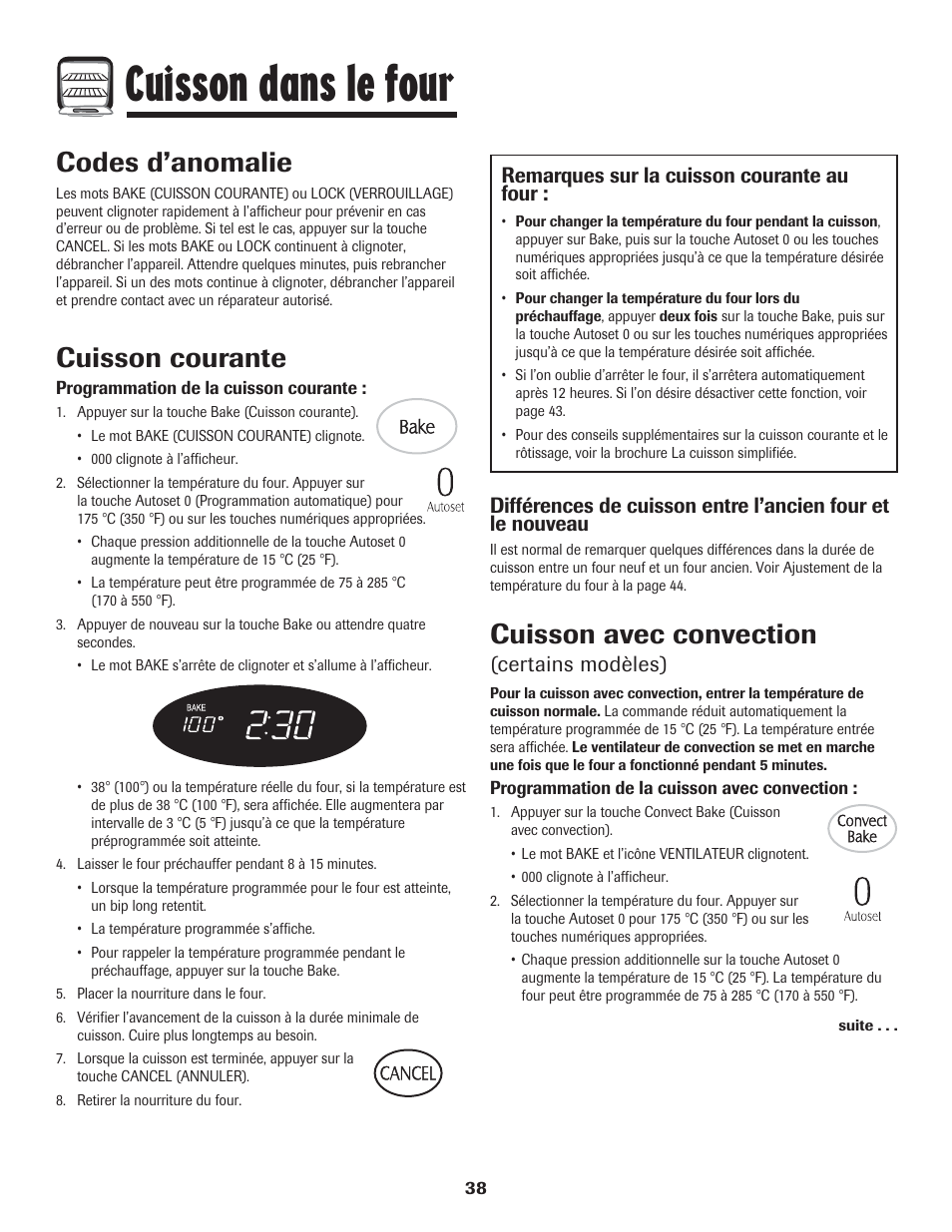 Cuisson dans le four, Codes d’anomalie, Cuisson courante | Cuisson avec convection, Remarques sur la cuisson courante au four, Certains modèles) | LG 800 User Manual | Page 39 / 84