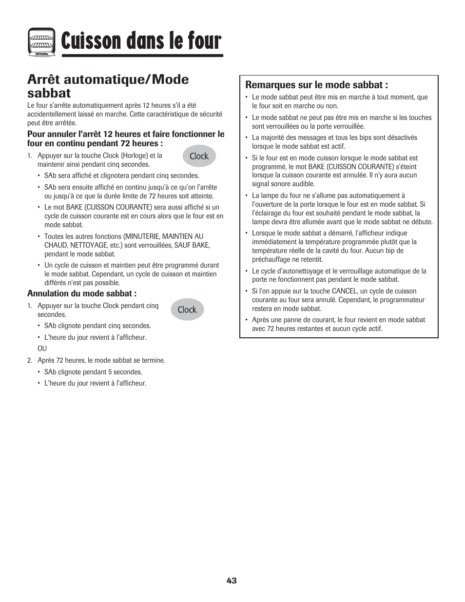 Cuisson dans le four, Arrêt automatique/mode sabbat, Remarques sur le mode sabbat | LG 800 User Manual | Page 44 / 84
