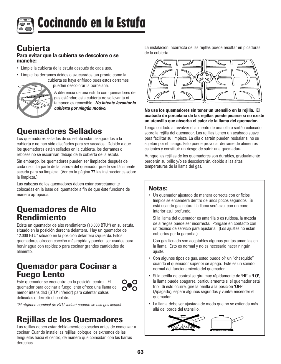 Cocinando en la estufa, Cubierta, Quemadores sellados | Quemadores de alto rendimiento, Quemador para cocinar a fuego lento, Rejillas de los quemadores | LG 800 User Manual | Page 64 / 84
