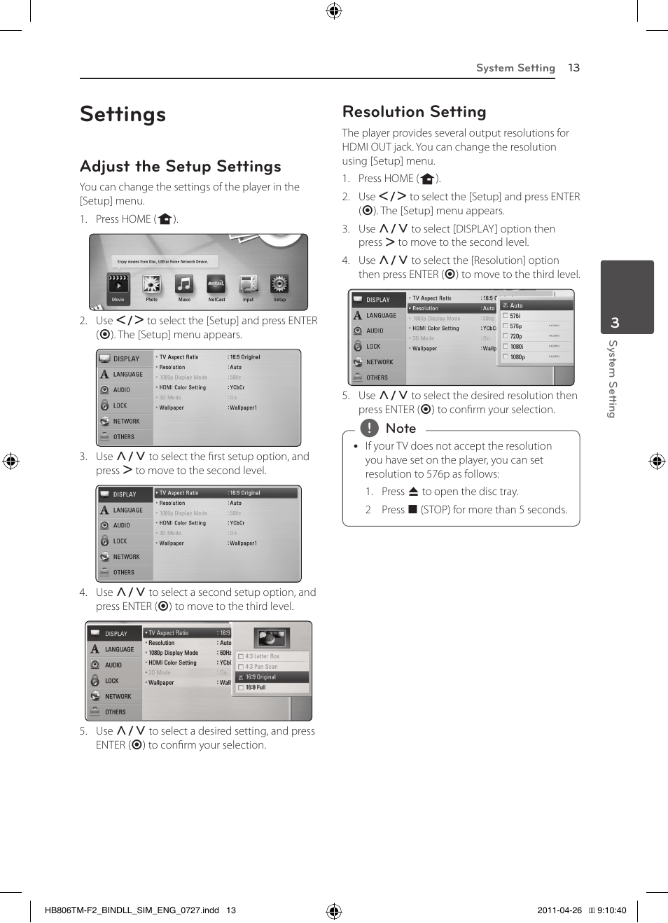 Settings, Adjust the setup settings, Resolution setting | LG HB806TM User Manual | Page 13 / 22