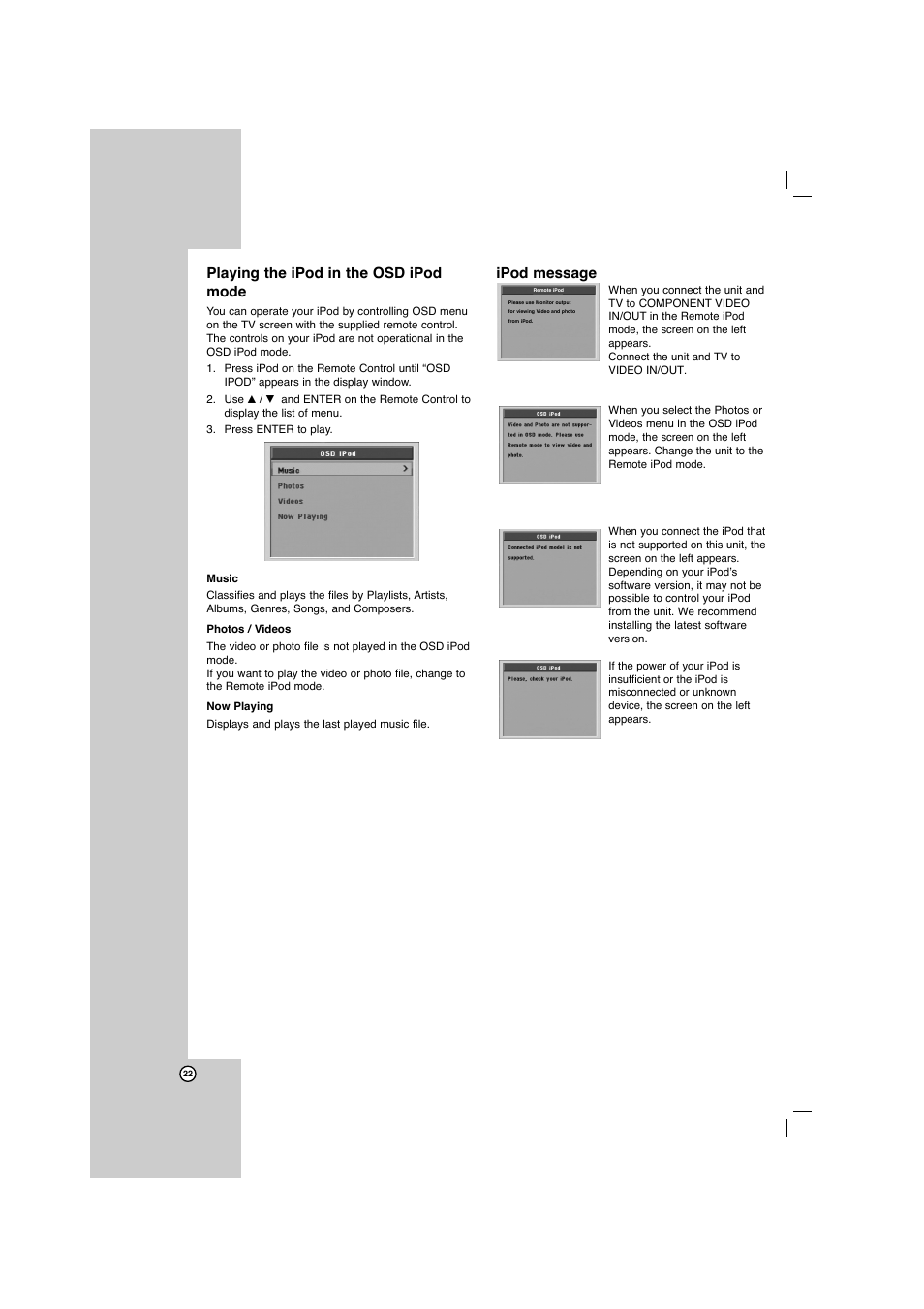 Playing the ipod in the osd ipod mode, Ipod message | LG LFD750 User Manual | Page 22 / 29