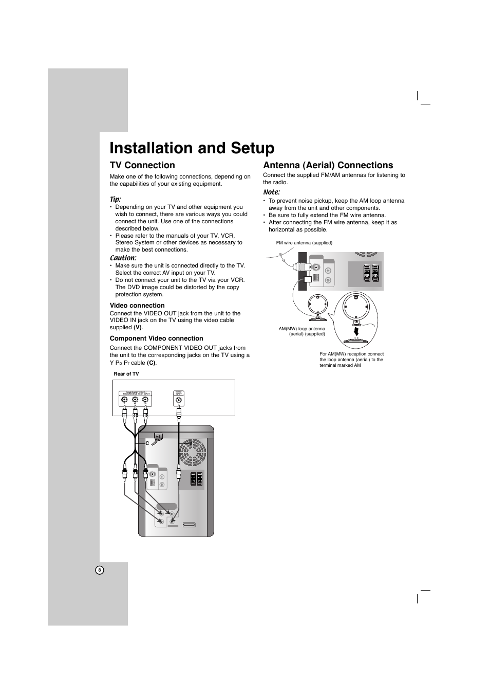 Installation and setup, Tv connection, Antenna (aerial) connections | LG LFD750 User Manual | Page 8 / 29