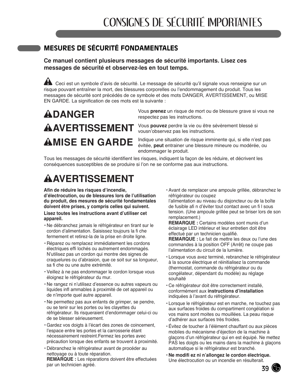 Wdanger, Wavertissement, Wmise en garde | LG LFC21770 User Manual | Page 39 / 108
