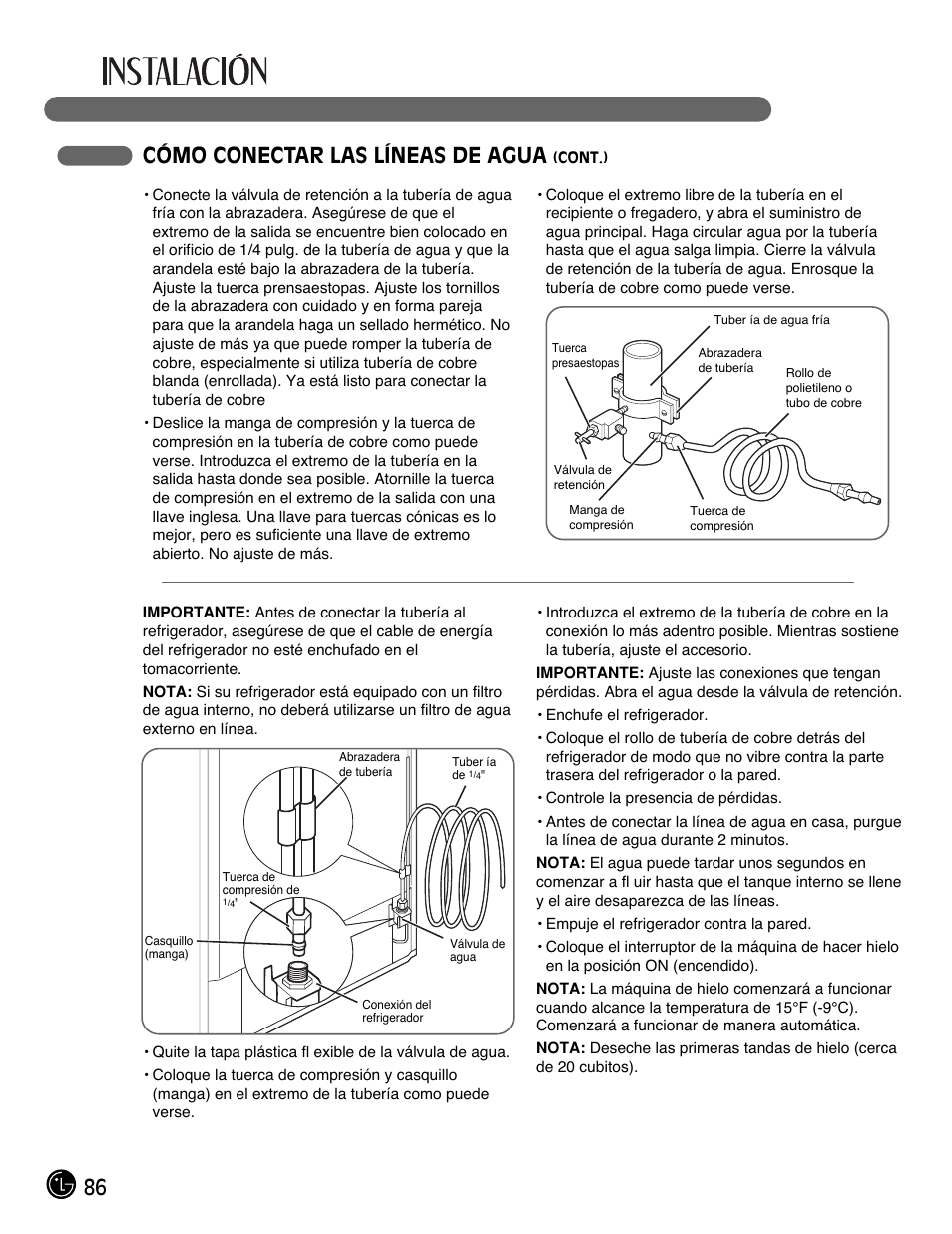86 cómo conectar las líneas de agua | LG LFC21770 User Manual | Page 86 / 108