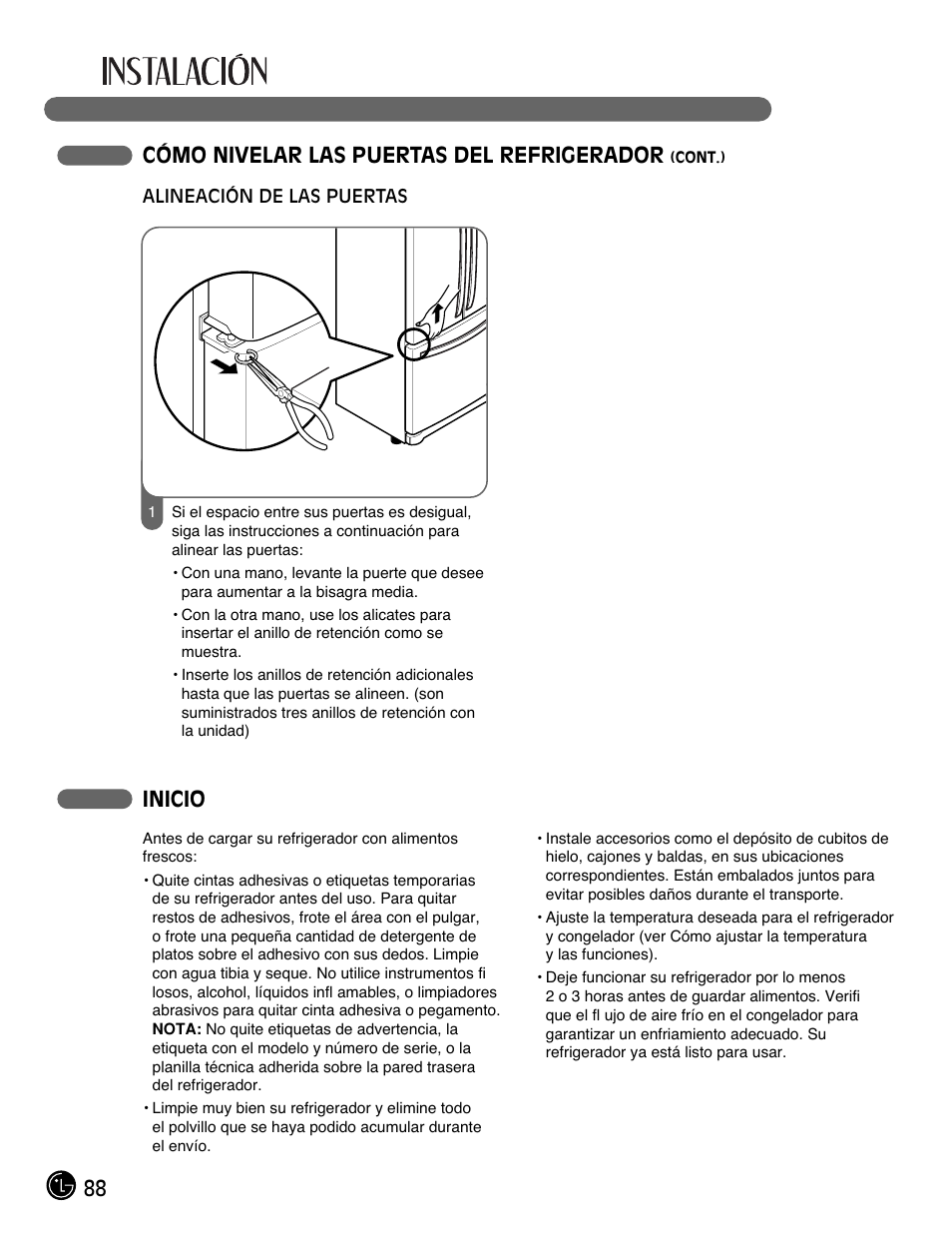 Inicio, 88 cómo nivelar las puertas del refrigerador | LG LFC21770 User Manual | Page 88 / 108