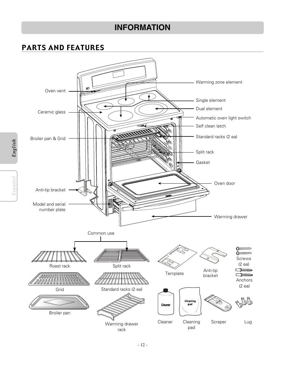 Information, Parts and features | LG LRE30755SW User Manual | Page 12 / 72