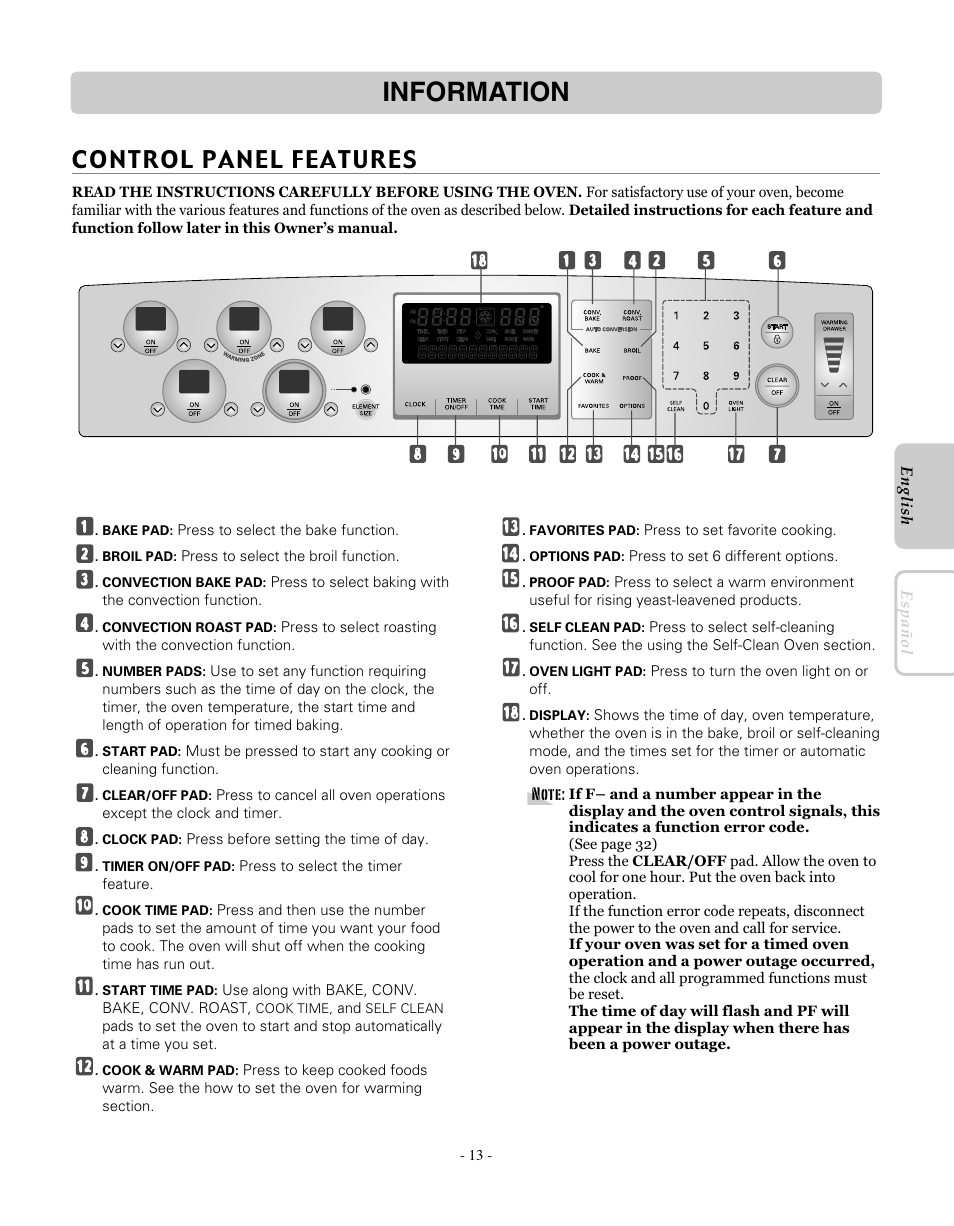 Information, Control panel features | LG LRE30755SW User Manual | Page 13 / 72
