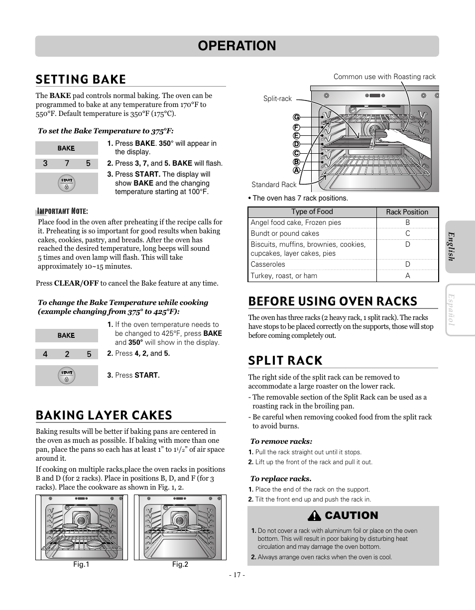 Operation, Baking layer cakes, Before using oven racks | Caution | LG LRE30755SW User Manual | Page 17 / 72