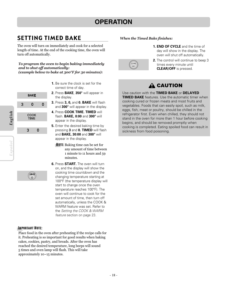 Operation, Setting timed bake, Caution | LG LRE30755SW User Manual | Page 18 / 72