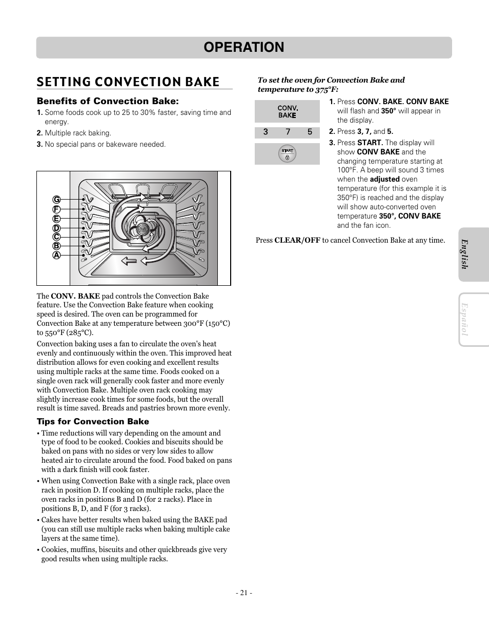 Operation, Setting convection bake | LG LRE30755SW User Manual | Page 21 / 72