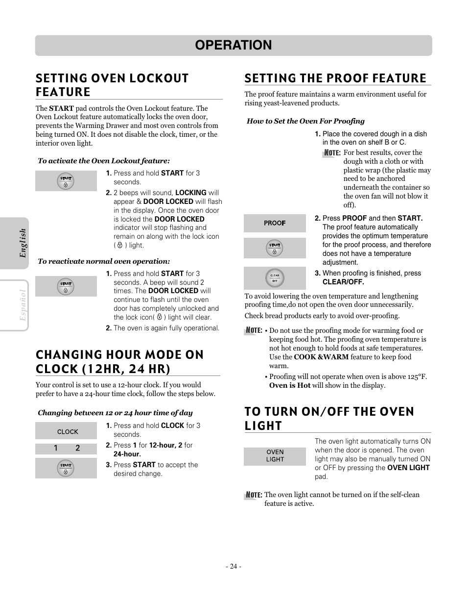 Operation, Setting the proof feature, Changing hour mode on clock (12hr, 24 hr) | LG LRE30755SW User Manual | Page 24 / 72