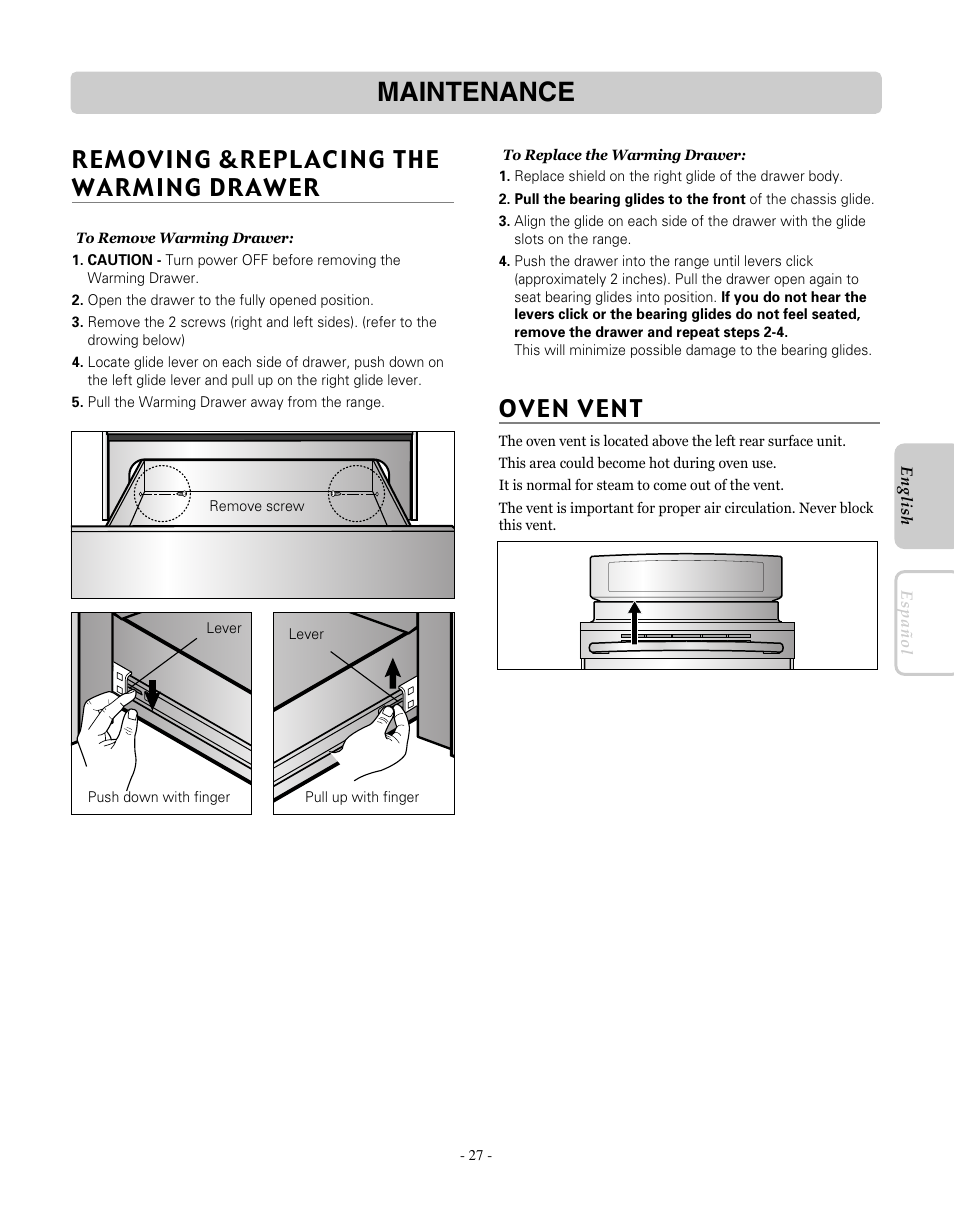 Maintenance, Removing &replacing the warming drawer | LG LRE30755SW User Manual | Page 27 / 72
