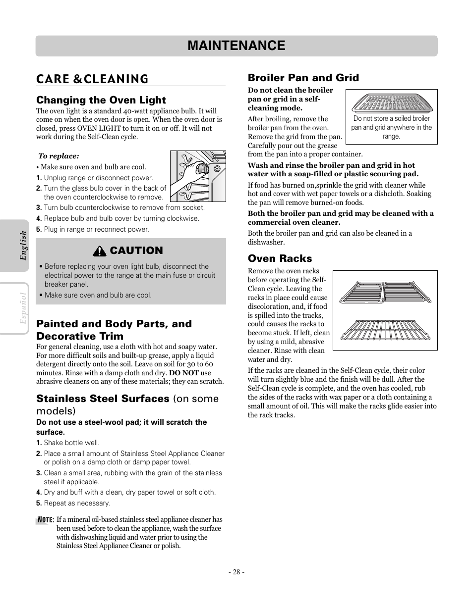 Maintenance, Care &cleaning, Changing the oven light | Painted and body parts, and decorative trim, Stainless steel surfaces (on some models), Broiler pan and grid, Oven racks, Caution | LG LRE30755SW User Manual | Page 28 / 72