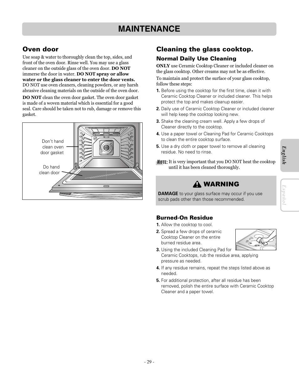 Maintenance, Oven door, Cleaning the glass cooktop | Warning | LG LRE30755SW User Manual | Page 29 / 72