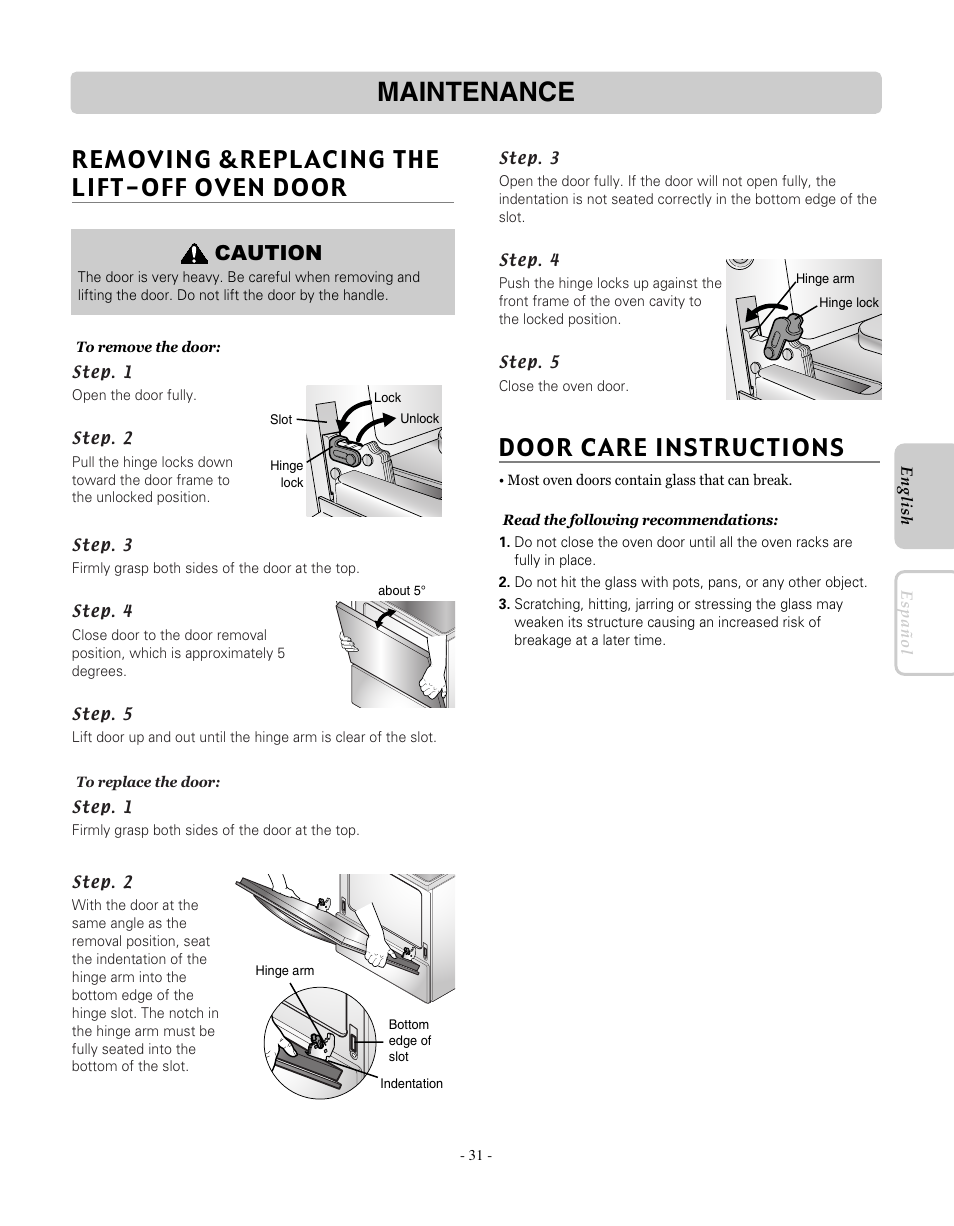 Maintenance, Removing &replacing the lift-off oven door, Door care instructions | Caution | LG LRE30755SW User Manual | Page 31 / 72