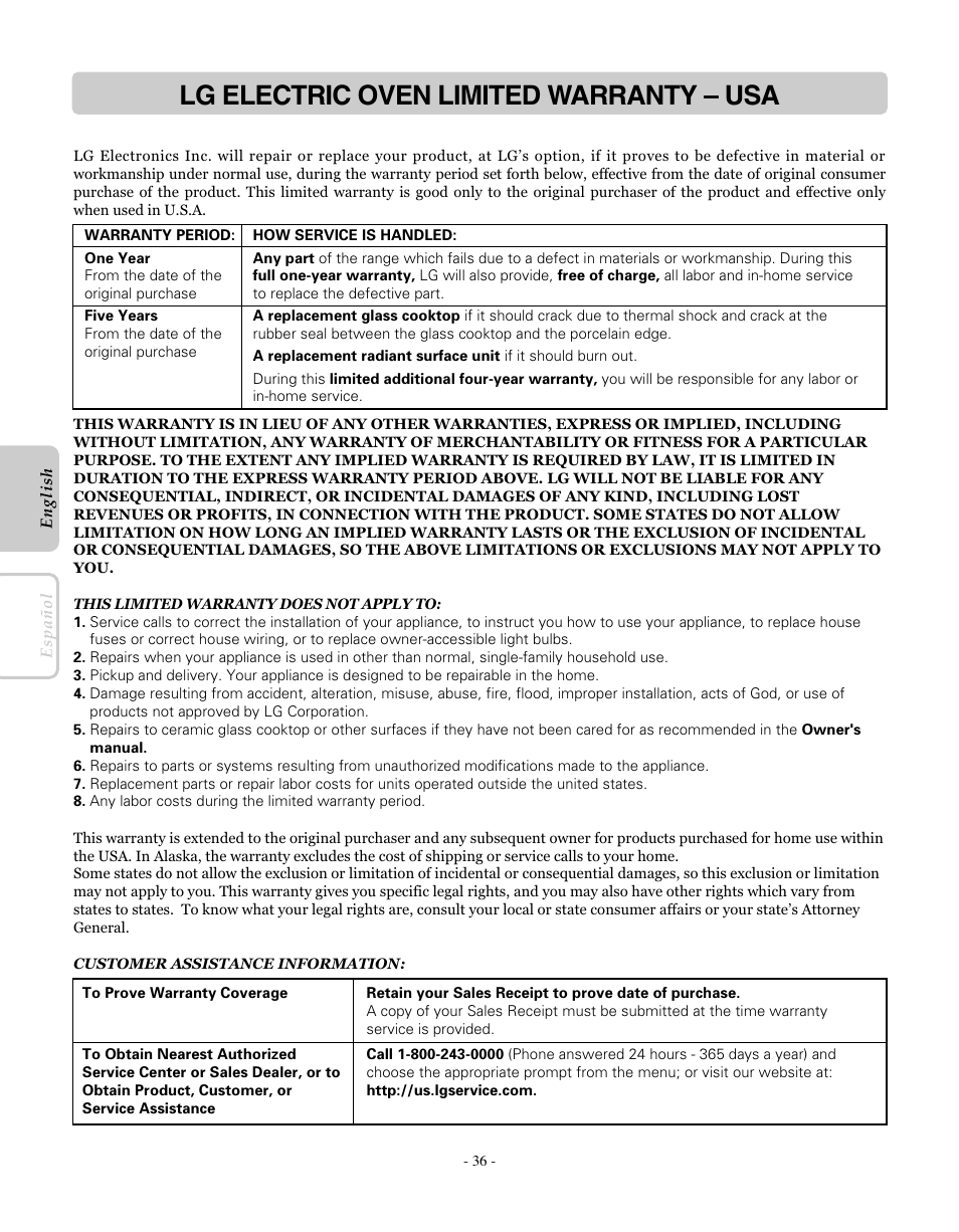 Lg electric oven limited warranty – usa | LG LRE30755SW User Manual | Page 36 / 72